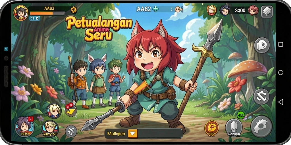 Screenshot gameplay AA62 menunjukkan suasana pertempuran menarik dalam dunia anime.