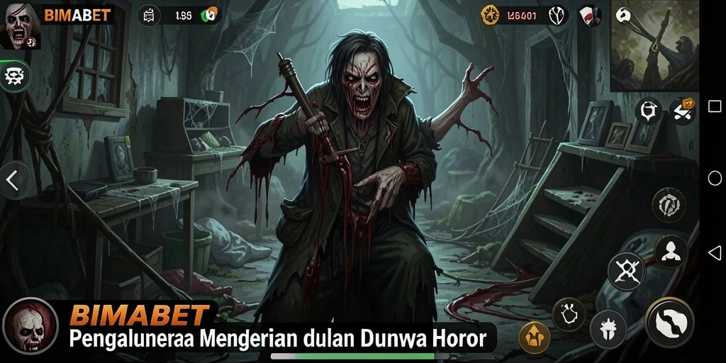 Screenshot gameplay BIMABET yang menunjukkan suasana horor yang intens.