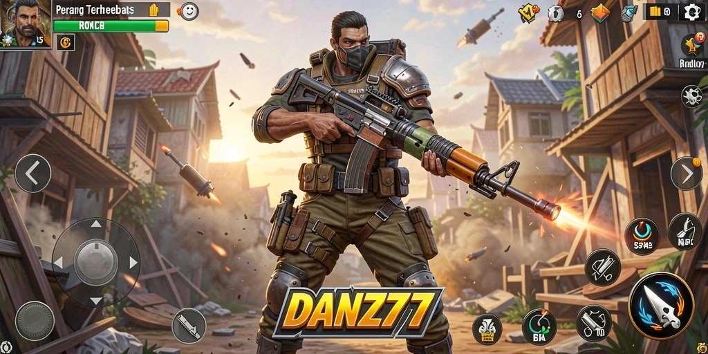 Screenshot utama DAN777 menampilkan aksi intens dalam gameplay Battle Royale.