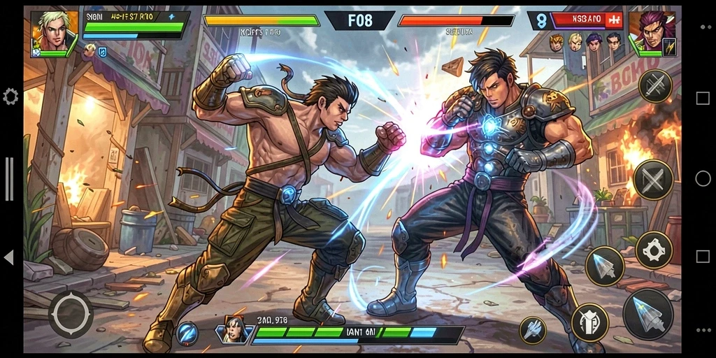 Tampilan gameplay F08 yang mendebarkan di arena pertarungan.