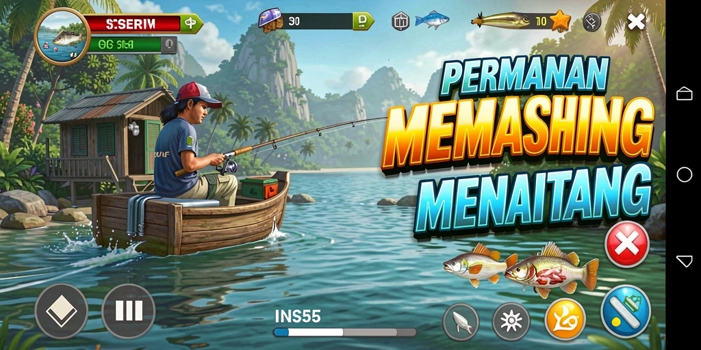 Screenshot gameplay menunjukkan aksi seru memancing dalam INS55.
