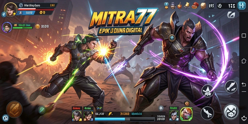 Screenshot gameplay MITRA77 menunjukkan pertarungan seru antar karakter.