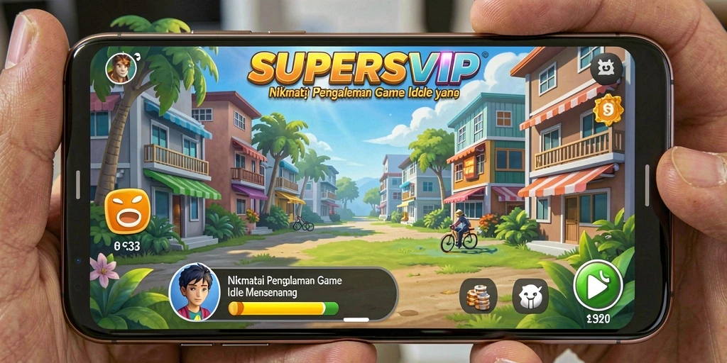 Screenshot SUPERSVIP menampilkan gameplay Idle yang menarik dan penuh warna.