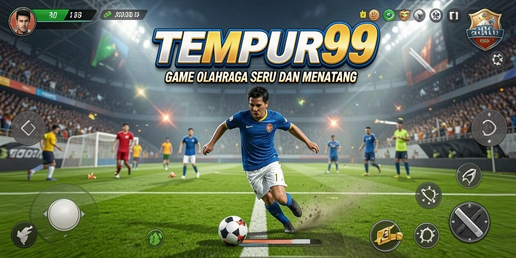 Screenshot utama TEMPUR99 menampilkan aksi seru dalam pertandingan olahraga.